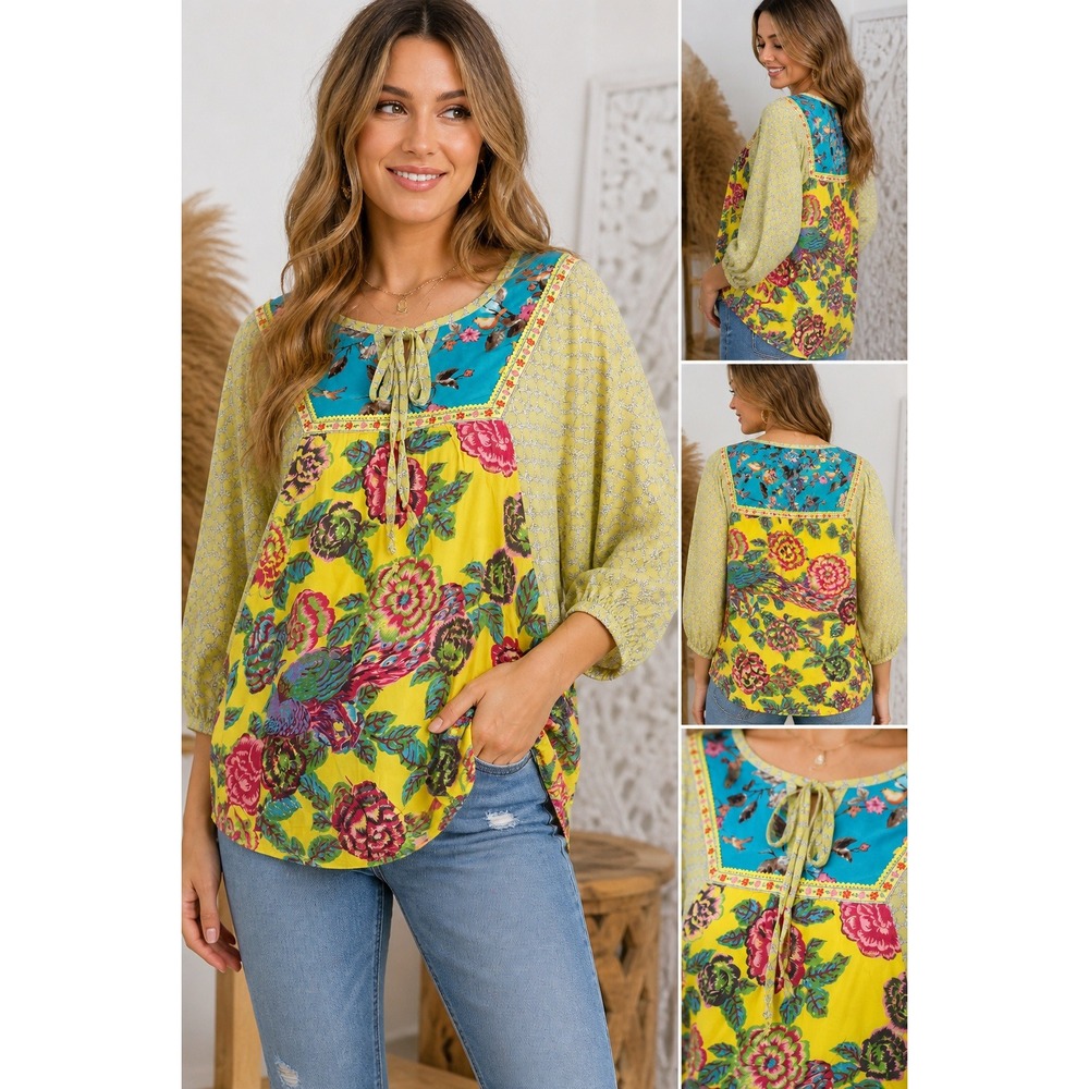 Ivy Jane Blouse Mixed Peacock Bird Butterfly Print Boho Tie Neck Yellow Small